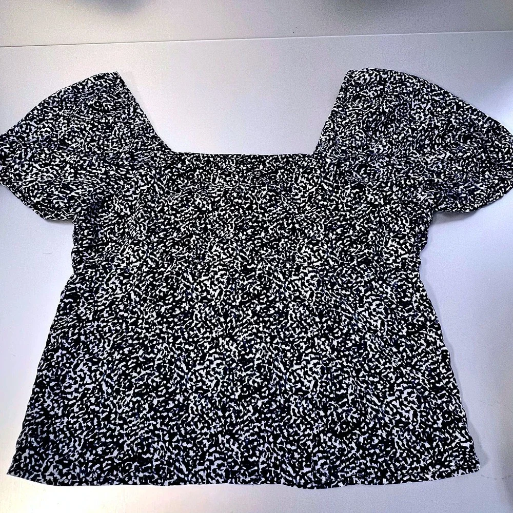 Madewell Blouse Women 4 Blue White Button Front Square Neck Puff Sleeve Crop Top